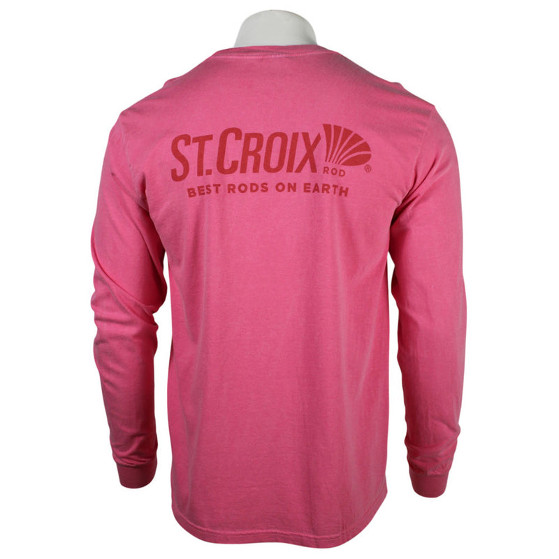 A hot pink long-sleeve t-shirt shown from the back on a mannequin torso, featuring a dark red graphic print of 'ST. CROIX RODS' and the slogan 'BEST RODS ON EARTH' on the upper back.