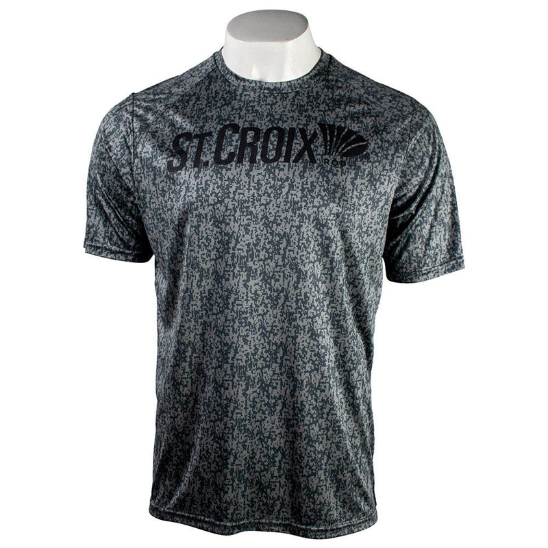 Gray digital camo print t-shirt with a black 'St. Croix' logo on the chest.
