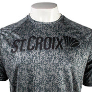 Close up of the chest of a gray digital camo print t-shirt with a black 'St. Croix' logo.