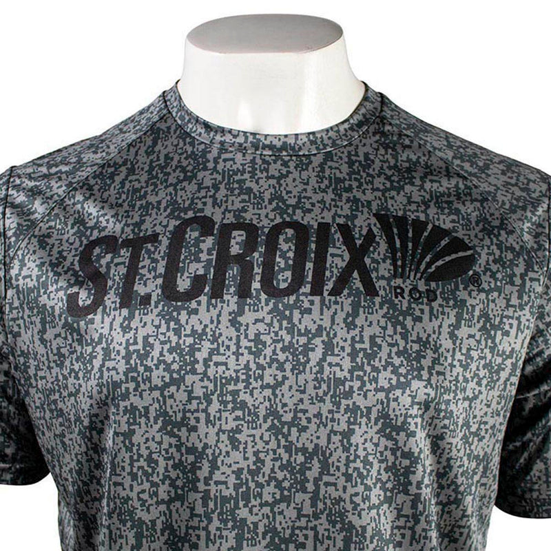 Close up of the chest of a gray digital camo print t-shirt with a black 'St. Croix' logo.