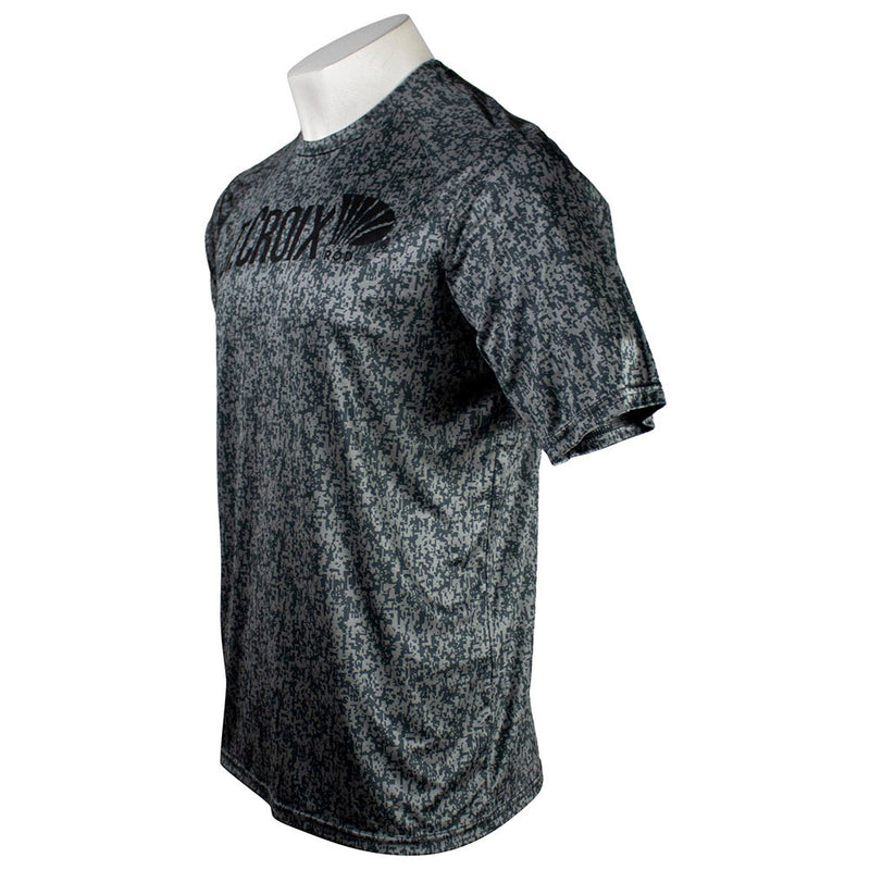 Side of a gray digital camo print t-shirt with a black 'St. Croix' logo on the chest.