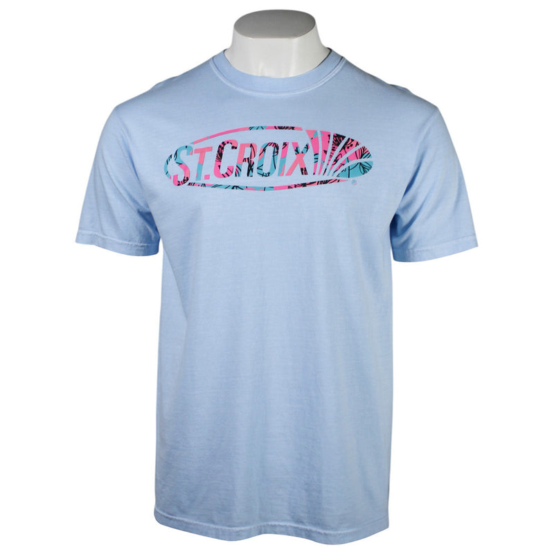 A light blue crewneck t-shirt that featurs a chest graphic containing the 'ST CROIX' logo in a pink and teal floral patterned design.