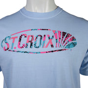 Close up of a light blue short-sleeve t-shirt on a white mannequin torso, featuring a large 'ST. CROIX' graphic across the chest in a pink, teal, and black tropical leaf patterns.
