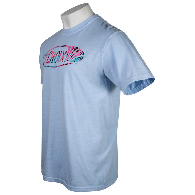 Side of a light blue short-sleeve crewneck t-shirt displayed on a white mannequin torso against a plain white background. The shirt features a colorful graphic on the chest.