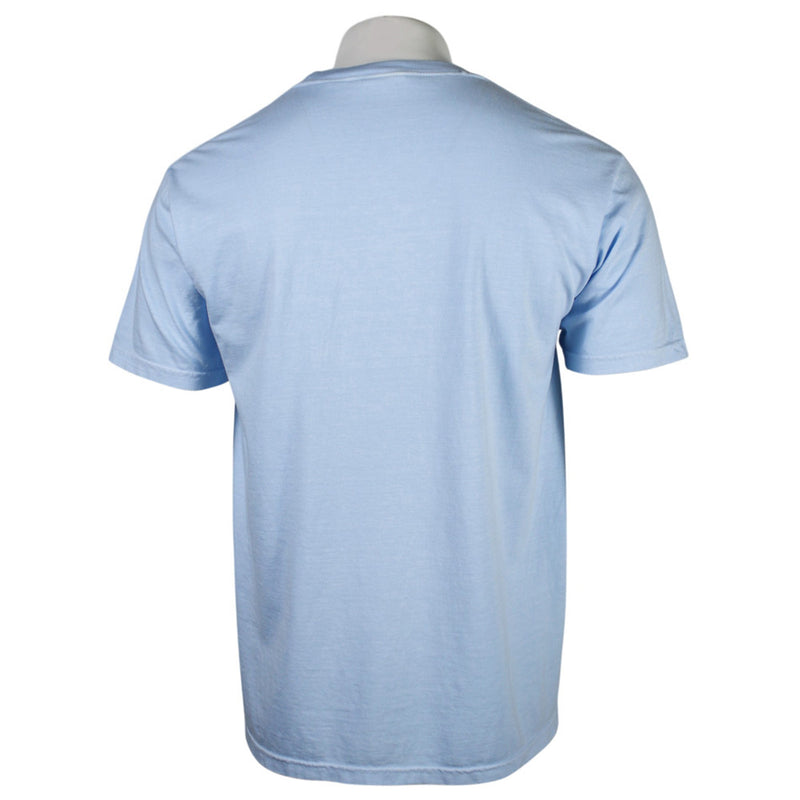 A light blue short-sleeve crewneck t-shirt shown from the back, displayed on a mannequin torso against a plain white background.