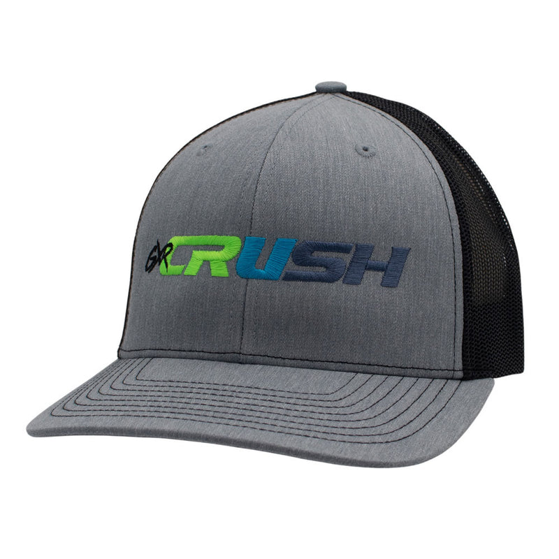 A heather gray trucker cap with black mesh back panels and a curved brim, featuring a prominent embroidered 'GXR CRUSH' logo on the front in green, blue, and grey.