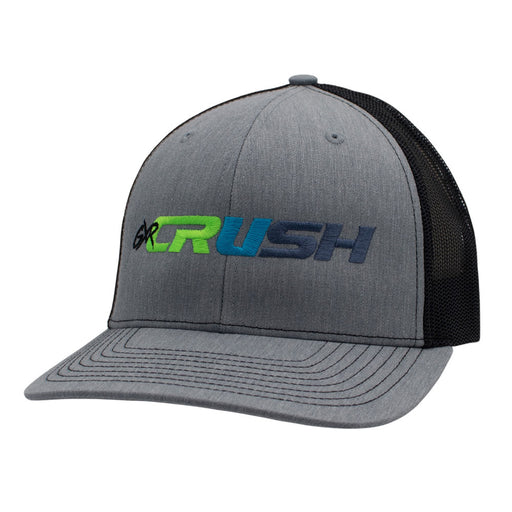 A heather gray trucker cap with black mesh back panels and a curved brim, featuring a prominent embroidered 'GXR CRUSH' logo on the front in green, blue, and grey.