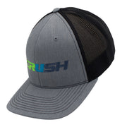 Side of a heather gray and black trucker-style cap with a curved brim, featuring a green and blue logo on the front panel, set against a plain white background.