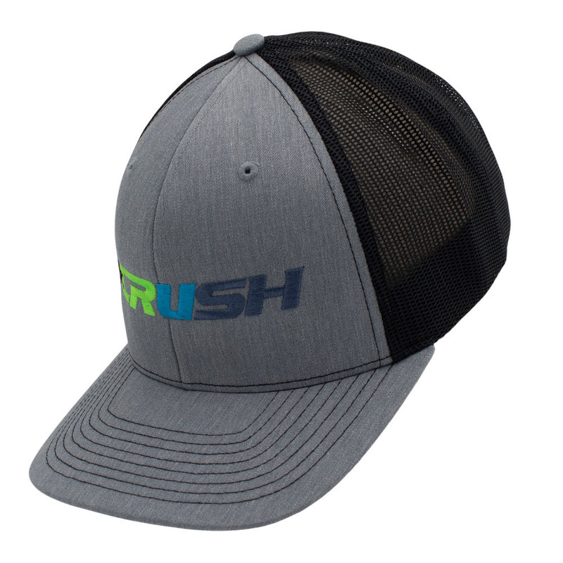 Side of a heather gray and black trucker-style cap with a curved brim, featuring a green and blue logo on the front panel, set against a plain white background.
