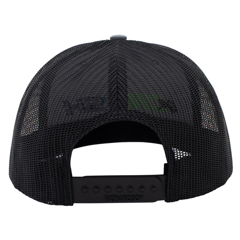 Black mesh trucker hat shown from the back, featuring a black adjustable snapback closure.