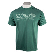 Green t-shirt with a light green St. Croix logo and the text "best rods on earth" on the chest.