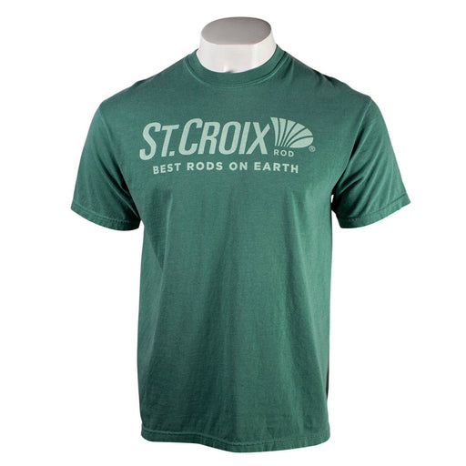 Green t-shirt with a light green St. Croix logo and the text "best rods on earth" on the chest.