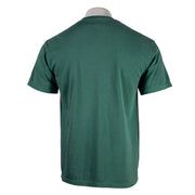 Back of a dark green t-shirt on a mannequin with a white background.