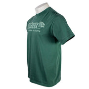 Side of a green t-shirt with a light green St. Croix logo and the text "best rods on earth" on the chest.