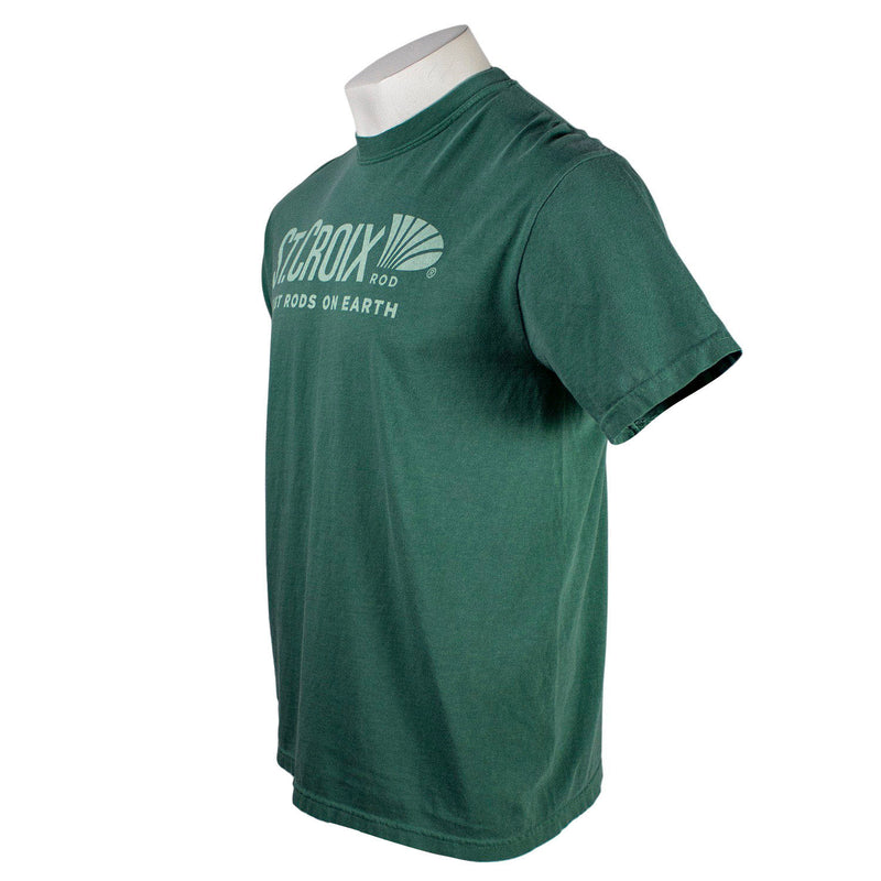 Side of a green t-shirt with a light green St. Croix logo and the text "best rods on earth" on the chest.