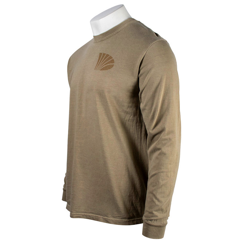 Side of a tan long-sleeve shirt with a brown St. Croix logo on the chest.
