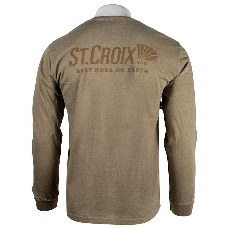 Tan long-sleeve shirt with a brown 'St. Croix' logo on the back.
