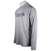 Side of a gray hooded long sleeve with a dark grey St. Croix logo on the chest.