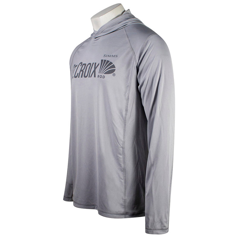 Side of a gray hooded long sleeve with a dark grey St. Croix logo on the chest.