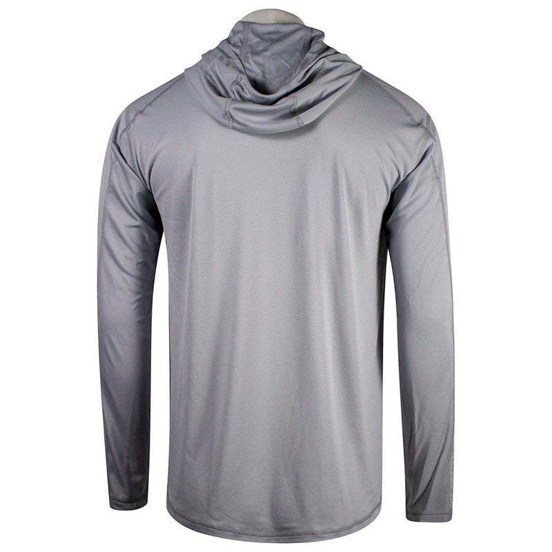 Back of a gray long-sleeve shirt with a hood on a white background