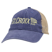 A St. Croix Rod trucker hat in washed navy blue with beige mesh back panels and a beige embroidered logo.