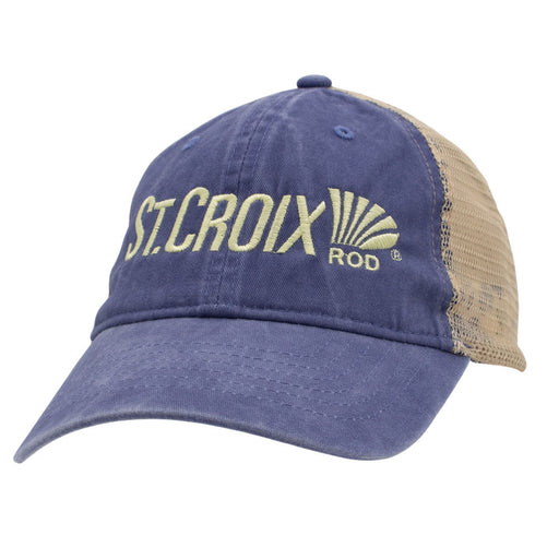 A St. Croix Rod trucker hat in washed navy blue with beige mesh back panels and a beige embroidered logo.