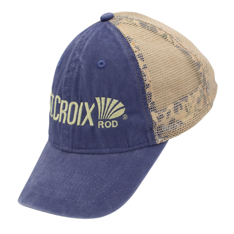 Side of a blue and tan trucker-style cap with an embroidered logo on the front panel, featuring a blue fabric brim and tan mesh back panels.