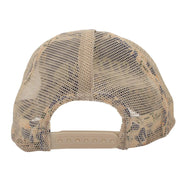 Rear view of a trucker hat with beige mesh back panels and a matching beige plastic snap closure.