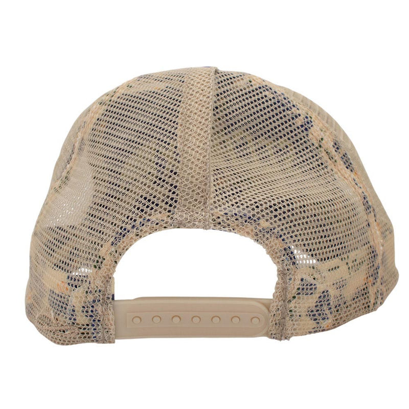 Rear view of a trucker hat with beige mesh back panels and a matching beige plastic snap closure.