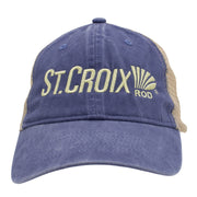 A St. Croix Rod trucker hat in washed blue with beige mesh back panels and a light beige embroidered logo on the front.