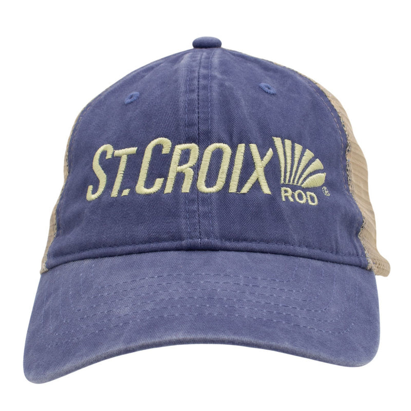 A St. Croix Rod trucker hat in washed blue with beige mesh back panels and a light beige embroidered logo on the front.