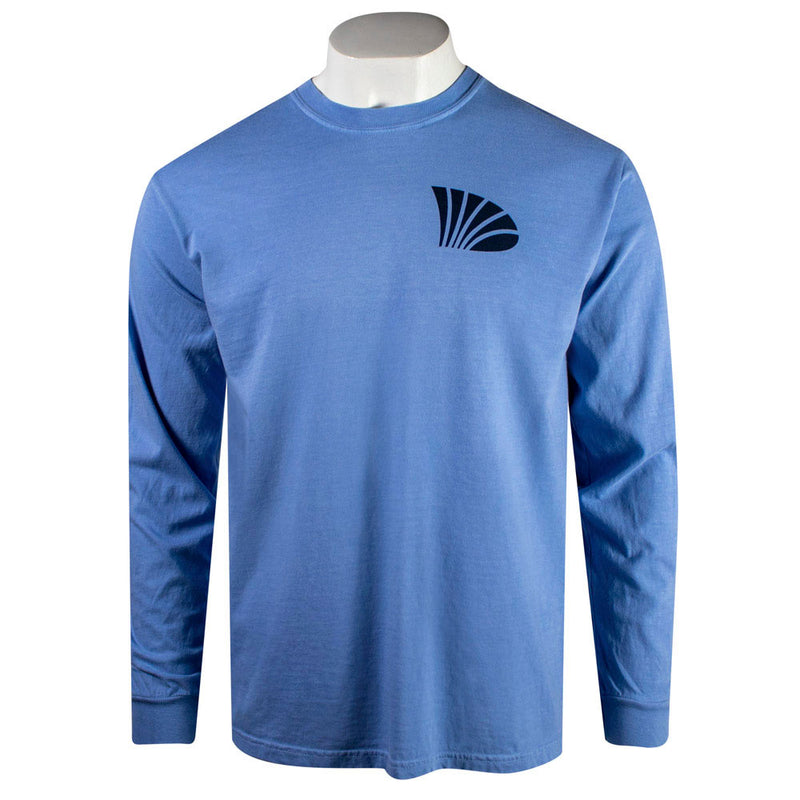 Light blue long-sleeve shirt with a dark blue logo on the left chest.