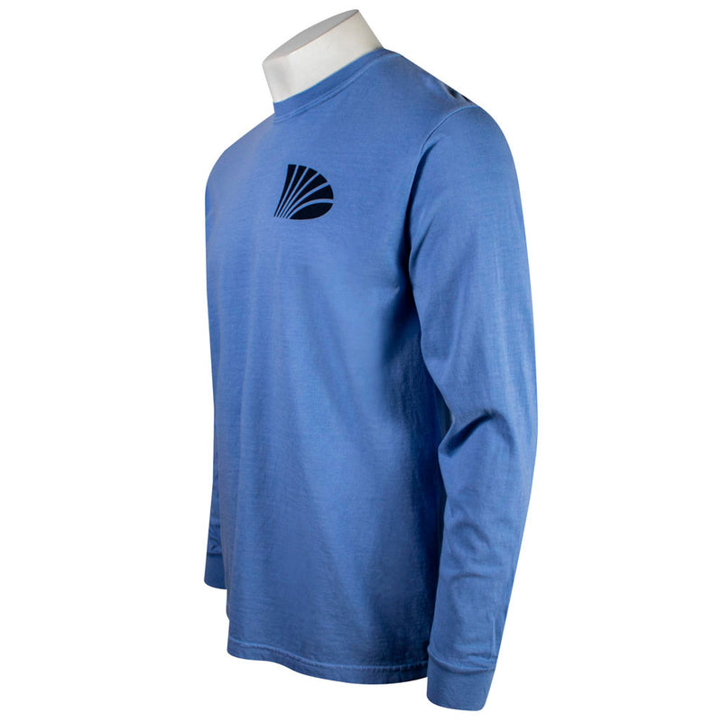Blue long-sleeve shirt with a logo on a mannequin against a white background.