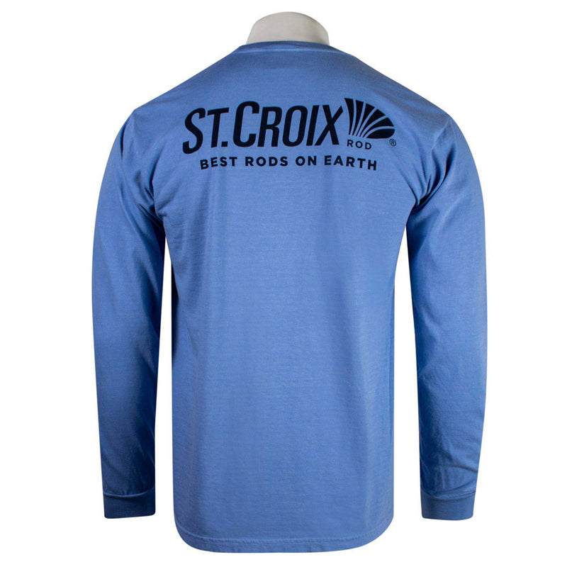Light blue long-sleeve shirt with a navy blue St. Croix logo on the shoulder blades.