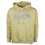 A pale yellow pullover hoodie with white drawstrings and a gray 'ST. CROIX' graphic printed across the chest, shown against a plain white background.