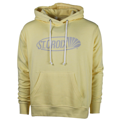 A pale yellow pullover hoodie with white drawstrings and a gray 'ST. CROIX' graphic printed across the chest, shown against a plain white background.