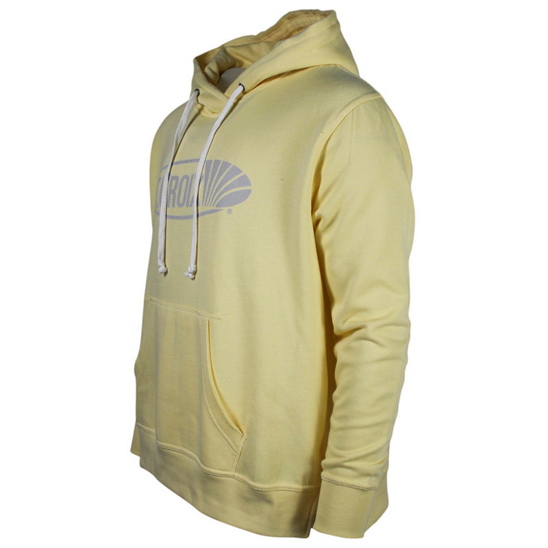 A pale yellow pullover hoodie with white drawstrings and a gray logo on the chest, shown from a side profile view against a white background.