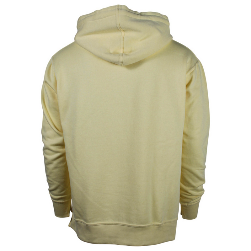 A pale yellow hooded sweatshirt shown from the back.