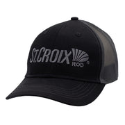 A black trucker-style baseball cap with a curved brim, black mesh back panels, and a gray embroidered logo reading 'St. Croix Rod' on the front.