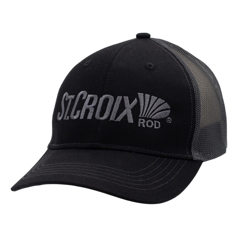 A black trucker-style baseball cap with a curved brim, black mesh back panels, and a gray embroidered logo reading 'St. Croix Rod' on the front.