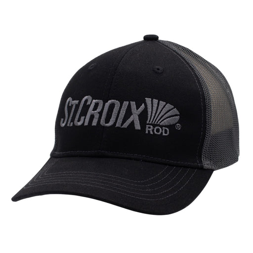 A black trucker-style baseball cap with a curved brim, black mesh back panels, and a gray embroidered logo reading 'St. Croix Rod' on the front.
