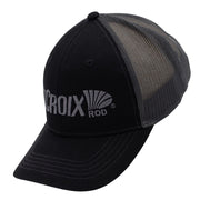 Side of a black trucker-style baseball cap with a dark gray mesh back and a gray embroidered logo on the front.