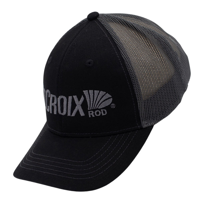Side of a black trucker-style baseball cap with a dark gray mesh back and a gray embroidered logo on the front.