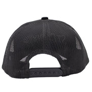 Black trucker-style snapback cap shown from the back, featuring a black mesh back and a black plastic snap closure.
