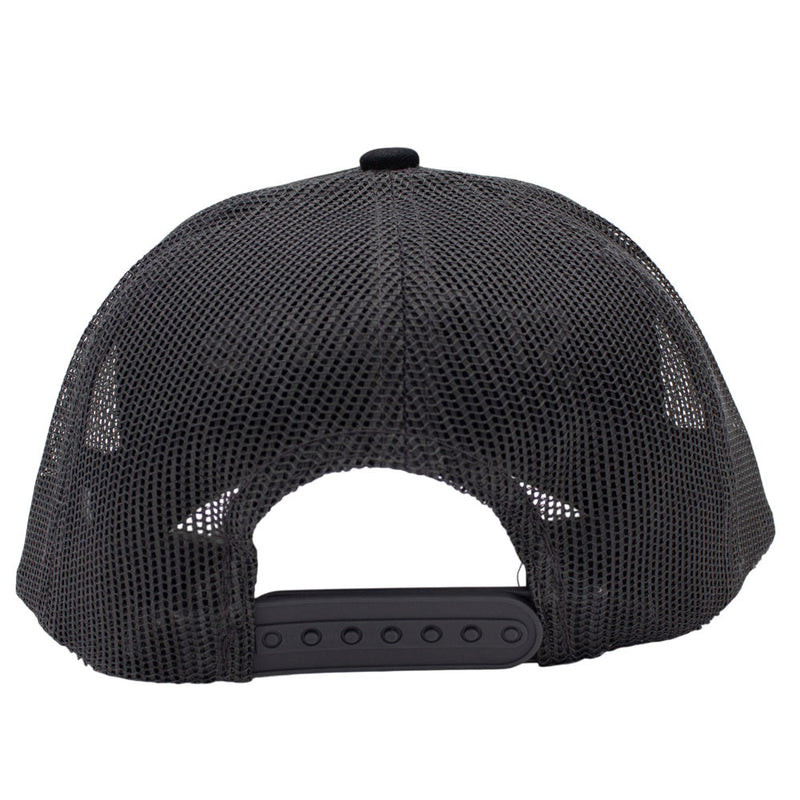 Black trucker-style snapback cap shown from the back, featuring a black mesh back and a black plastic snap closure.
