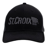 Front of a black trucker-style baseball cap with a gray embroidered logo reading 'St. Croix Rod' on the front.