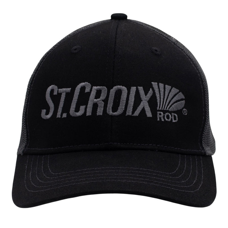 Front of a black trucker-style baseball cap with a gray embroidered logo reading 'St. Croix Rod' on the front.
