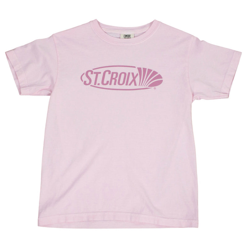 A light pink short-sleeve crewneck t-shirt featuring a dark pink St. Croix logo printed across the chest, displayed flat against a white background.