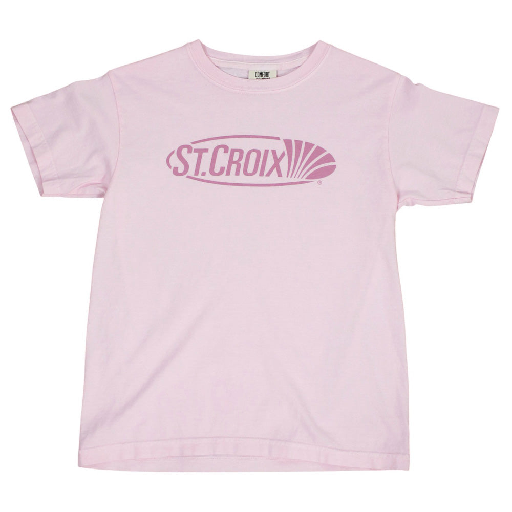 A light pink short-sleeve crewneck t-shirt featuring a dark pink St. Croix logo printed across the chest, displayed flat against a white background.