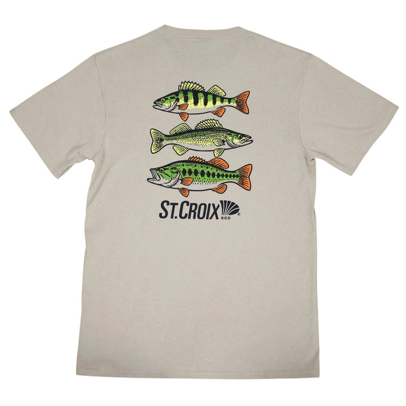 A light beige crewneck t-shirt shown from the back, featuring a graphic print of three green and orange fish and the St. Croix logo.